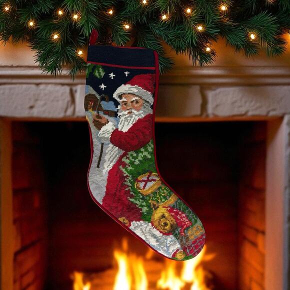 Vintage Needle Crafts Handmade Needlepoint Embroidery Christmas Stocking Santa - Picture 8 of 8